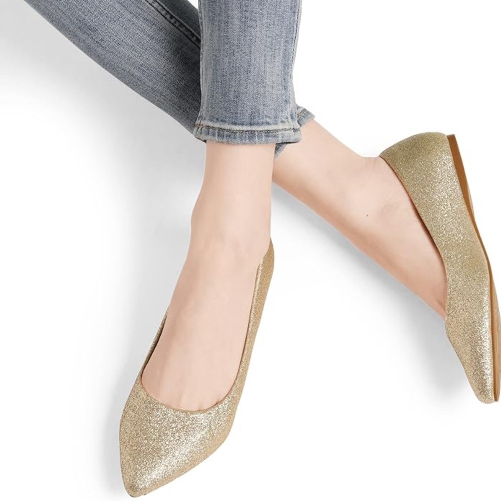 Women's Gold Glitter Pointed Toe Slip On Ballet Flats